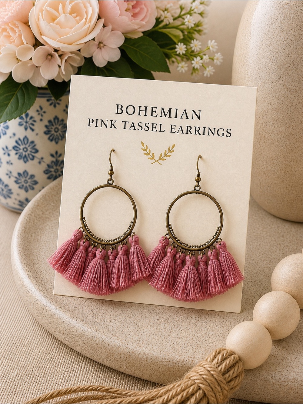 Bohemian Pink Tassel Earrings